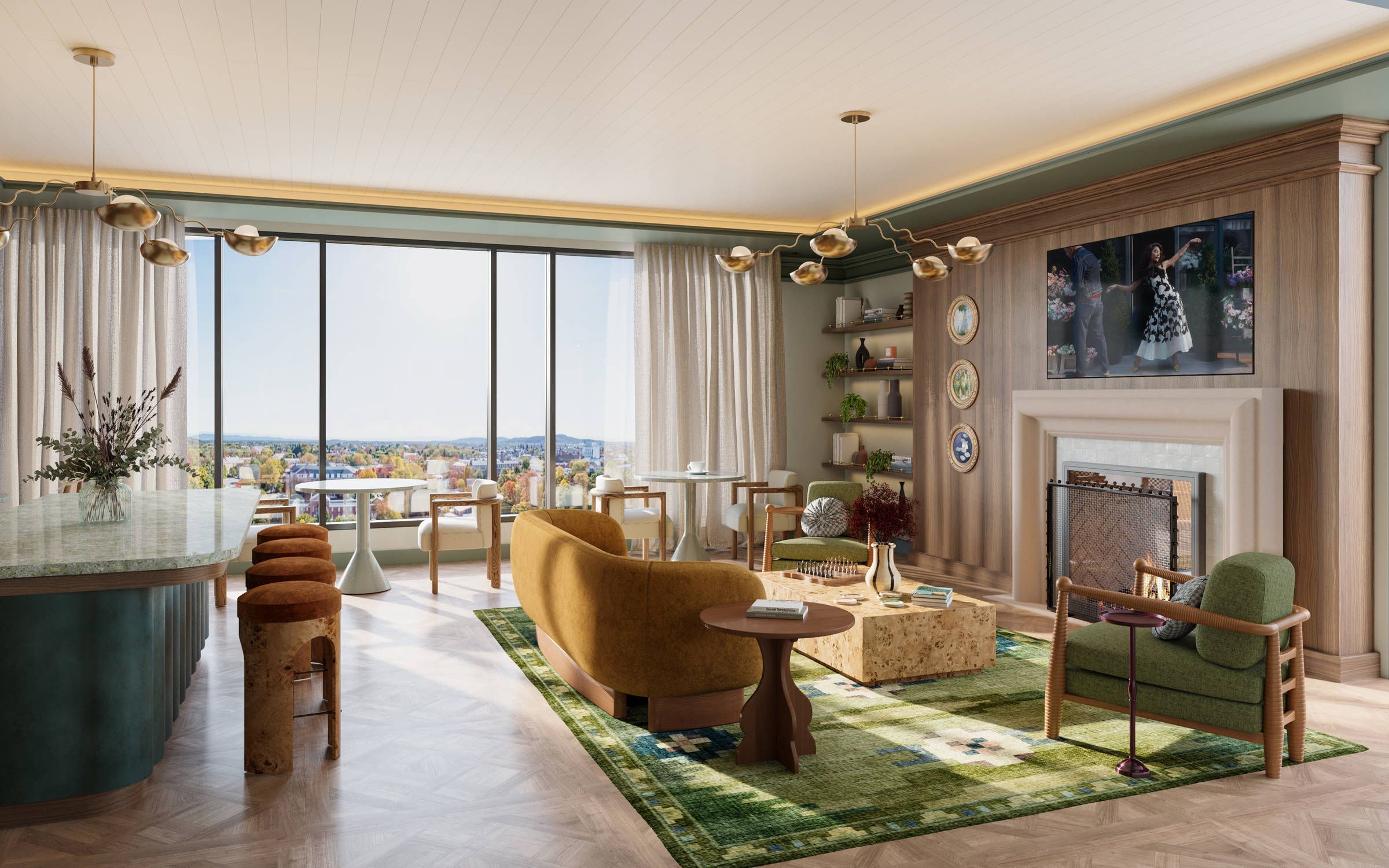 Modern living room with large windows, stylish furniture, green accents, and decorative wall plates.