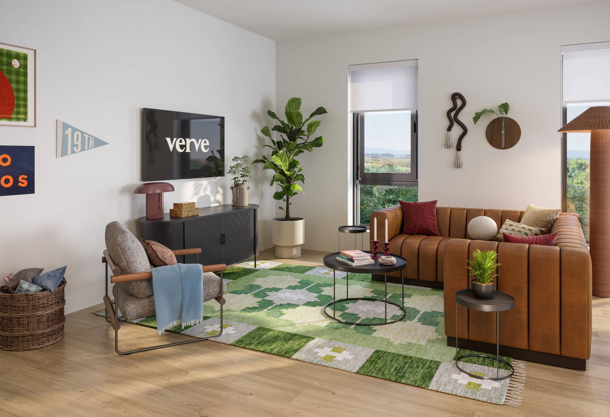 A modern living room with a brown sofa, green rug, plants, wall art, and large windows letting in sunlight.