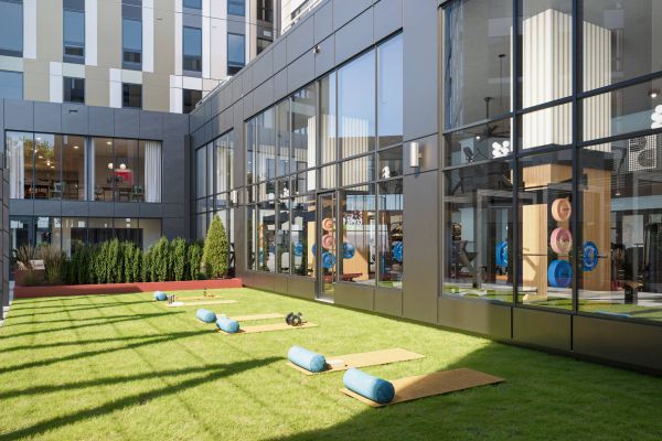 Outdoor fitness area with yoga mats and foam rollers on grass beside a modern building with large windows.