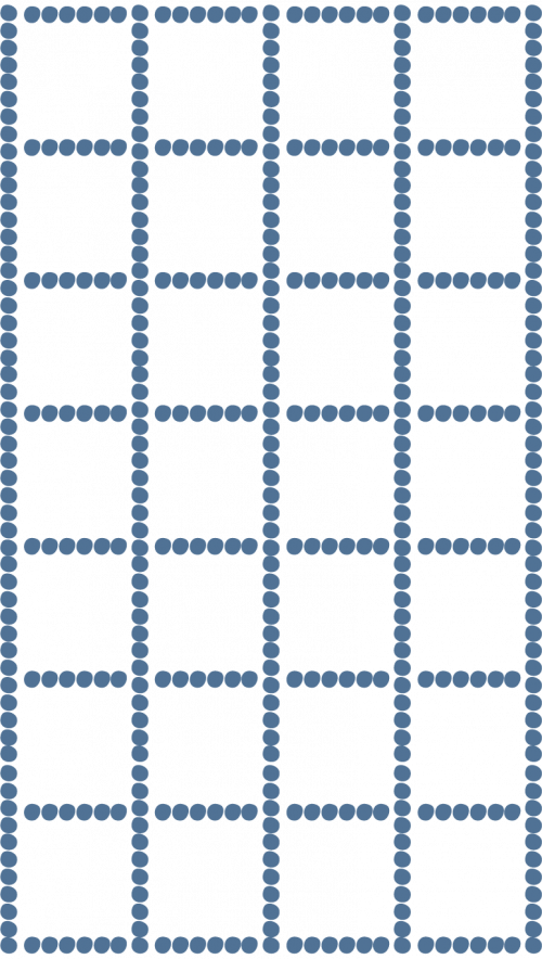 A grid with five columns and six rows, outlined by evenly spaced blue dots.